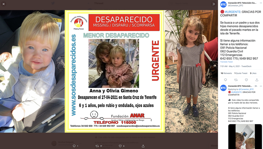 Una captura de pantalla de un tuit de Conexión BTC Televisión Canaria con la información de las niñas desaparecidas de Tenerife, Anna y Olivia Gimeno.&nbsp;