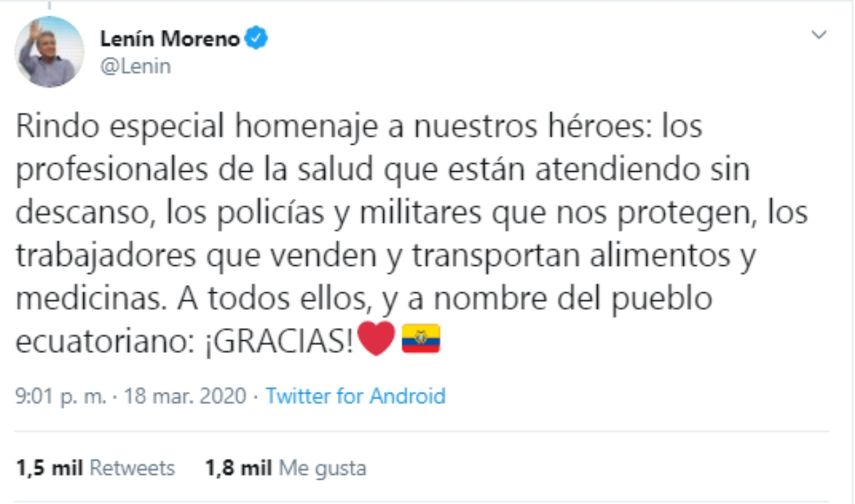 Mensaje del presidente de Ecuador,Lenin Moreno, difundido ensu cuentadeTwitter.&nbsp;