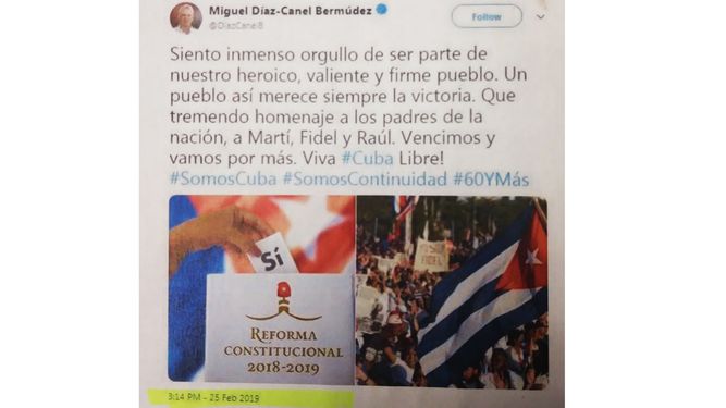 El gobernante Miguel Díaz-Canel tuiteó la foto del 2017 como si se tratara de una imagen del referendo constitucional del pasado 24 de febrero.