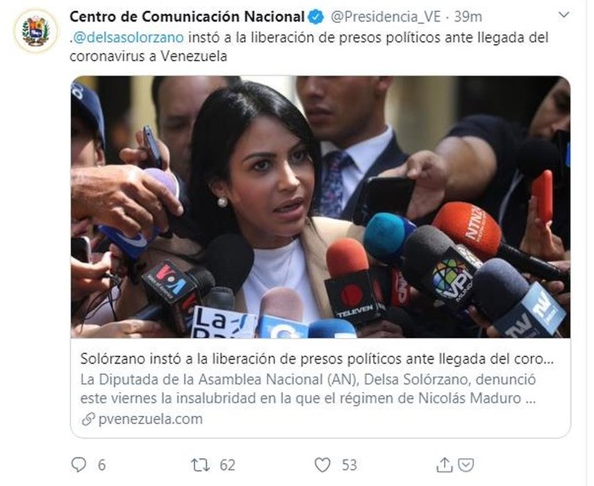 Delsa Sol&oacute;rzano&nbsp;denunci&oacute; este viernes la insalubridad en la que el&nbsp;r&eacute;gimen de Nicol&aacute;s Maduro&nbsp;mantiene a los&nbsp;presos pol&iacute;ticos.&nbsp;