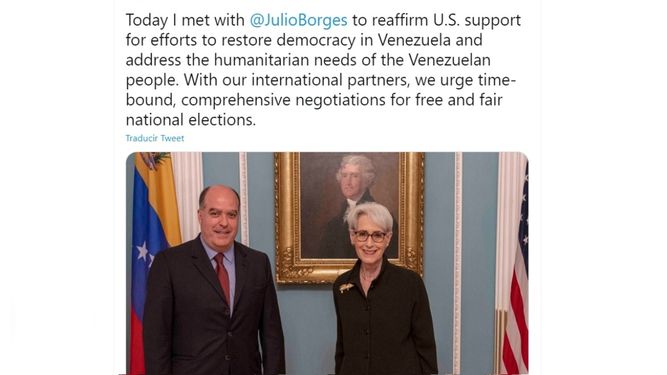 Sherman y Julio Borges enfatizaron la urgente necesidad de negociaciones integrales y con plazos concretos en Venezuela, dijo el portavoz del Departamento de Estado, Ned Price.