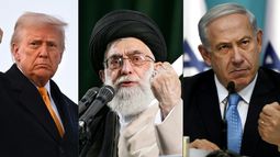 Fusión de fotos del presidente Donald J. Trump con el ayatolá Alí Jamenei y el primer ministro de Israel, Bensjamín Netanyahu. Fusión de fotos del presidente Donald J. Trump con el ayatolá Alí Jamenei y el primer ministro de Israel, Bensjamín Netanyahu.