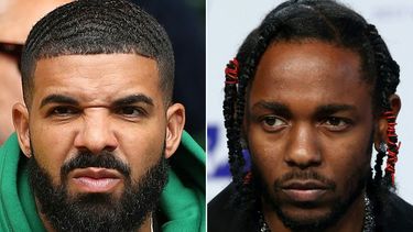 Esta combinación de imágenes creada el 15 de enero de 2025 muestra al rapero Drake sentado en la cancha central durante un partido de cuartos de final femenino de Wimbledon 2018; y a Kendrick Lamar llegando a los MTV Video Music Awards 2017, en Inglewood, California, el 27 de agosto de 2017.    