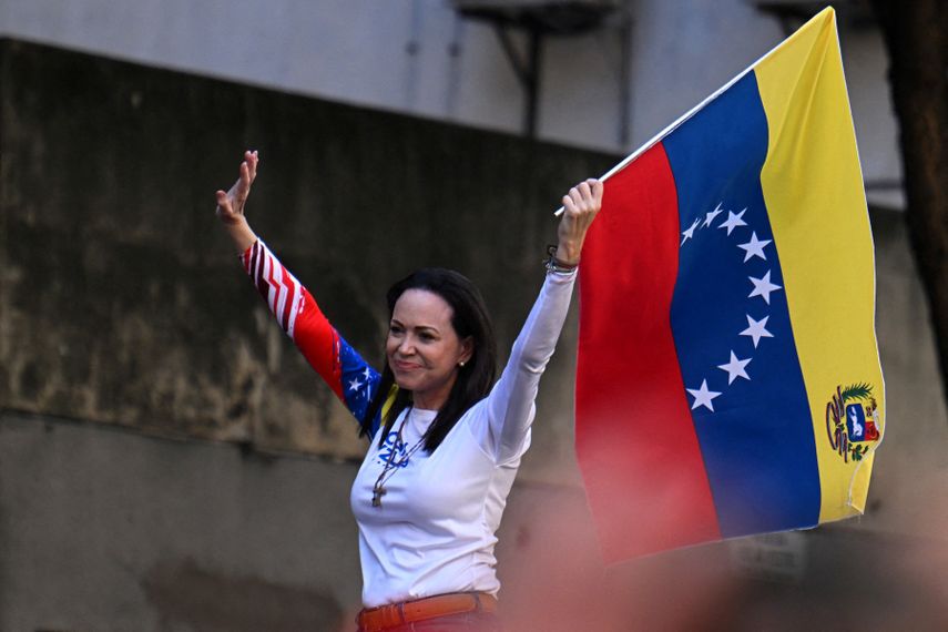 María Corina Machado, líder de la oposición venezolana, en la concentración del 9 de enero de 2025 en Caracas