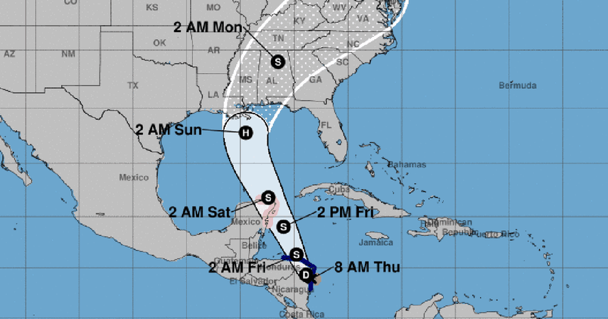 Esta imagen recoge el cono de proyección del ciclón Nate.