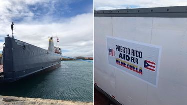 Fotos publicadas por el presidente encargado de Venezuela, Juan Guaidó, en su cuenta de Twitter, sobre el barco con ayuda humanitaria que zarpó el miércoles 20 de febrero desde San Juan, Puerto Rico.