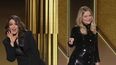 En esta imagen emitida el domingo 28 de febrero de 2021 por NBC, Tina Fey, a la izquierda desde Nueva York, y Amy Poehler, desde Beverly Hills, California, conducen la ceremonia de los Globos de Oro.