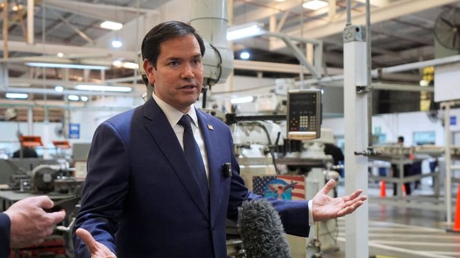El jefe de la diplomacia estadounidense, Marco Rubio, durante una conferencia de prensa en El Salvador.