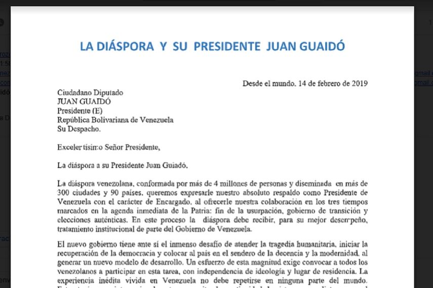 Carta de la diáspora venezolana a presidente encargado de Venezuela, Juan Guaidó.