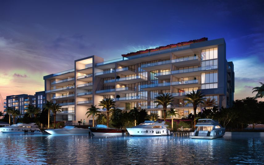 Vista de Sereno Bay Harbor desde el mar, al atardecer