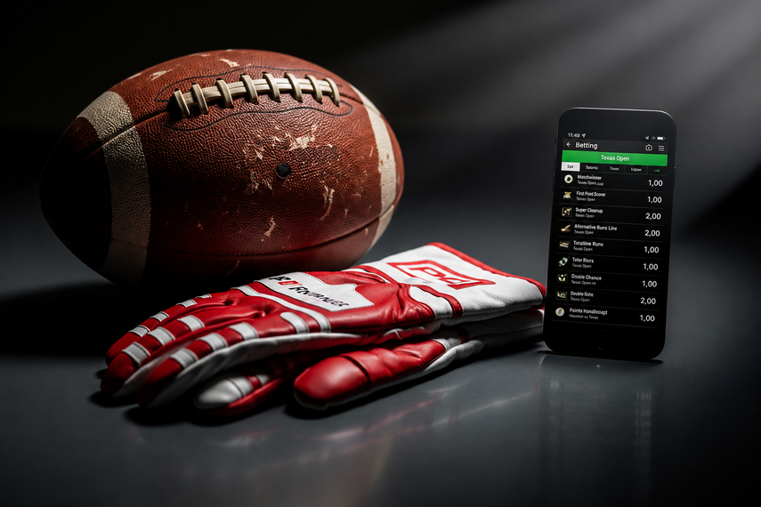 Un balón de football americano, guantes y una aplicación de apuestas deportivas ilustran el impacto creciente de las plataformas digitales en el negocio del deporte. &nbsp;