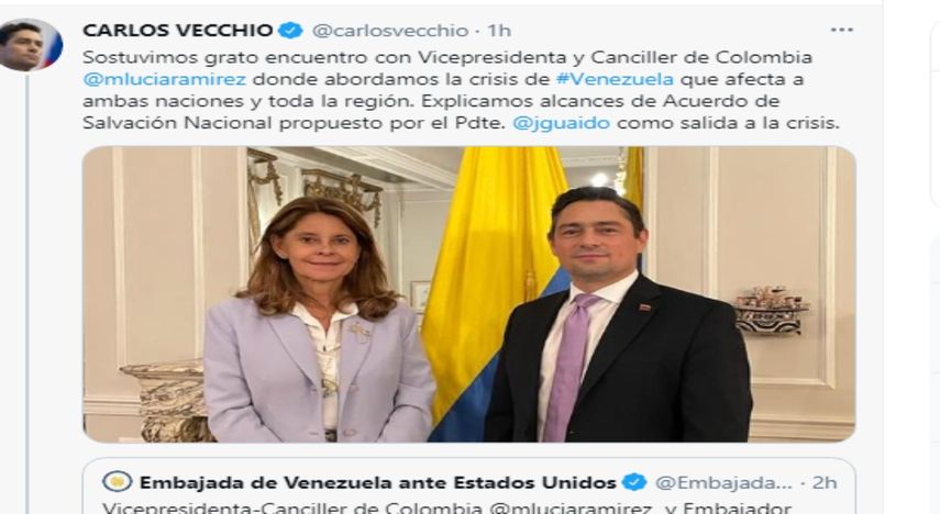 El Embajador de Venezuela ante EEUU Carlos Vecchio se reunió con la canciller de Colombia Marta Lucía Ramírez.