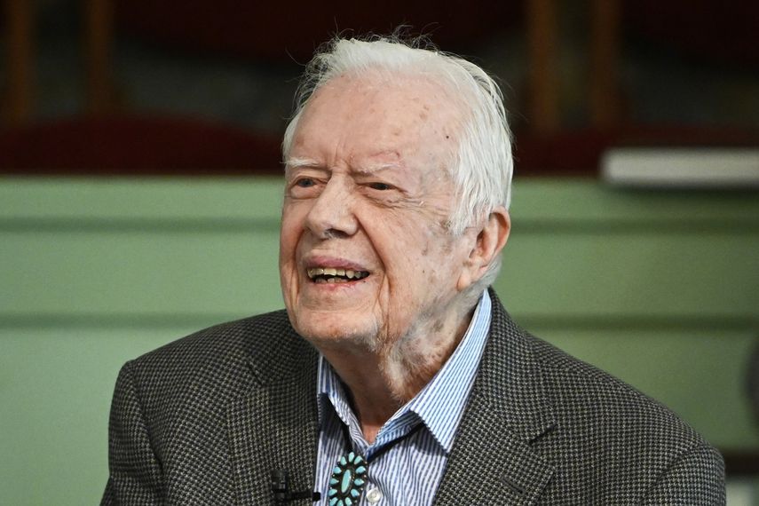 En esta imagen del 3 de noviembre de 2019, el expresidente Jimmy Carter sonríe durante una clase que imparte en la Iglesia Bautista Maranatha en Plains, Georgia.&nbsp;