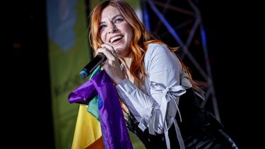 Leire Martínez durante la 18º Gala final Mr Gay España, celebrada durante el MADO 2025 (Madrid Orgullo), en Plaza de España, a 4 de abril de 2025, en Madrid (España).