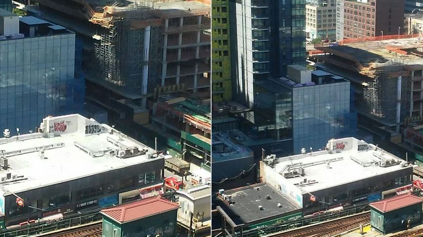 Vista aérea del edificio en construcción en el distrito de Queens, Nueva york, donde se desprendió un andamio y provocó heridas al menos a seis trabajadores.