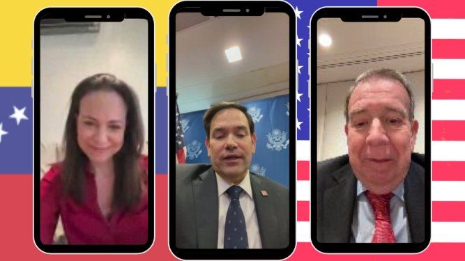 María Corina Machado en charla con el secretario de Estado de EEUU, Marco Rubio, y el presidente electo de Venezuela, Edmundo González.&nbsp;