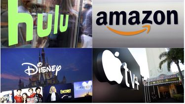 En esta combinaci&oacute;n de fotos, el logotipo de Hulu en una vitrina de los espacios Milk Studios en Nueva York, el logotipo de Amazon en Santa M&oacute;nica, California, el logotipo de Apple TV+ logo afuera del Teatro Regency Village en Los Angeles antes del estreno de la serie See, y una captura de pantalla de una imagen del servicio de streaming Disney Plus.&nbsp;