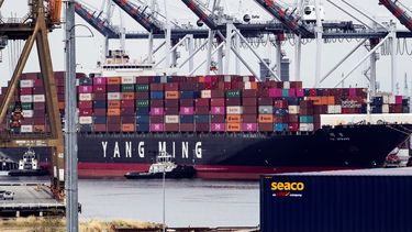 Un buque de carga de la compañía de transporte taiwanesa Yang Ming llega este lunes al puerto de Los Ángeles, California.