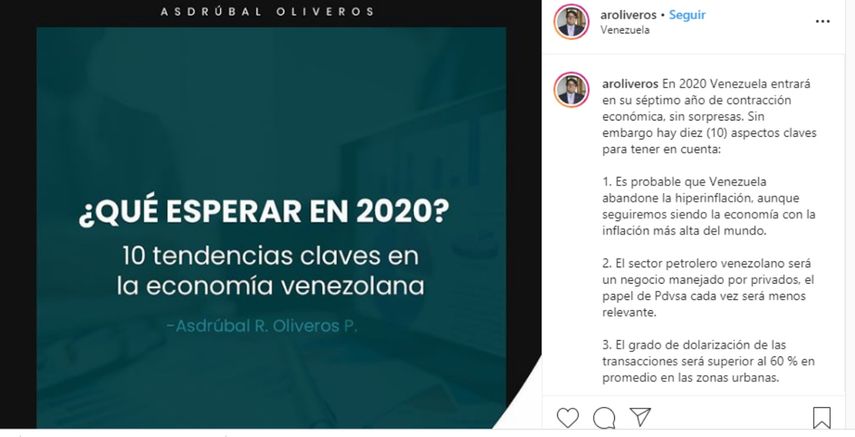 Captura del mensaje publicado por el economista Asdr&uacute;bal Oliveros en Instagram&nbsp;