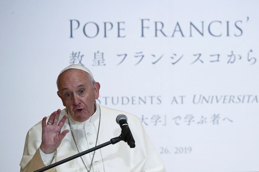 El papa Francisco ofrece un discurso en la Universidad Sophia, en Tokio, el 26 de noviembre de 2019.&nbsp;