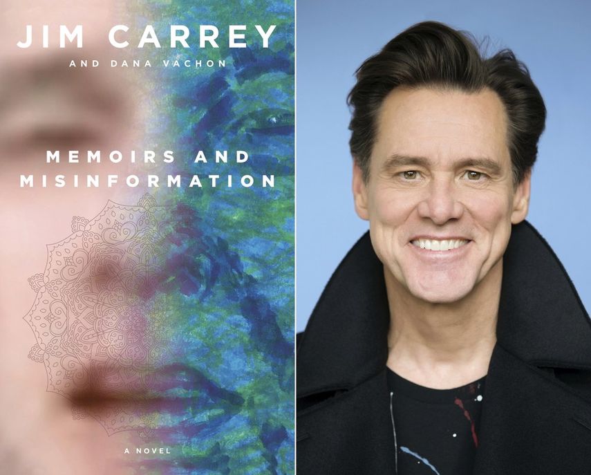 Esta foto combinada se muestra la portada del libro Memoirs and Misinformation, izquierda, y un retrato del autor y actor Jim Carrey.