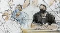 Boceto del archivo del 8 de septiembre de 2021 en el que aparece el acusado clave de los ataques terroristas de 2015 en París, Salah Abdeslam (derecha) y Mohammed Abrini en una sala especial construida para el juicio
