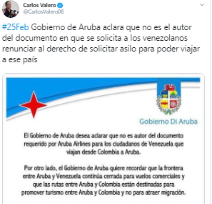 Mensaje difundido por el diputado Carlos Valero en el que difunde el documento del Gobierno de Aruba. 