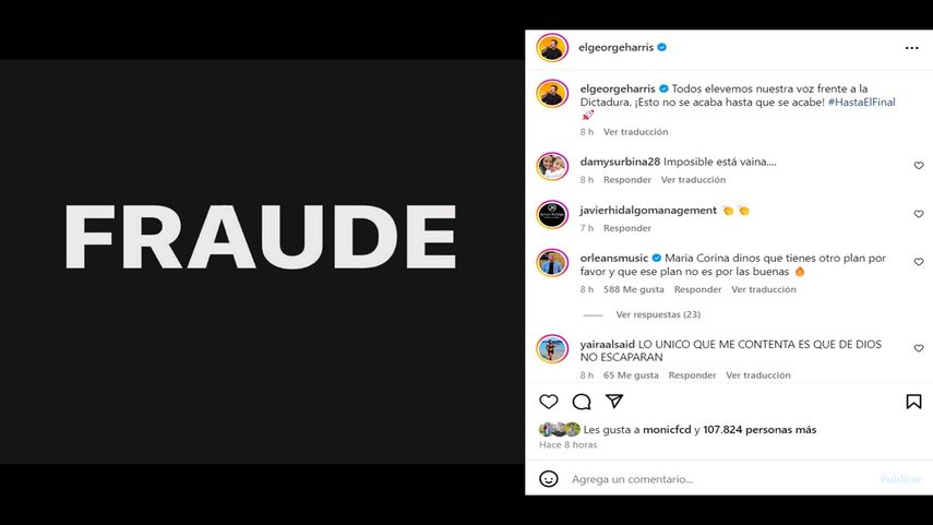 Artistas venezolanos, como el comediante George Harris, se pronuncian tras el fraude electoral del 28 de julio de 2024 en Venezuela.