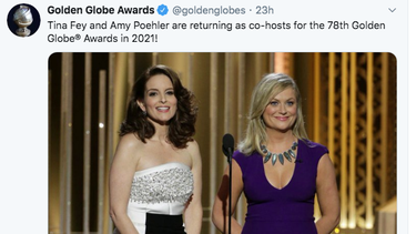 Captura de pantalla del post de la cuenta oficial de los Golden Globe Awards en Twitter en el que se anuncia que Tina Fey y Amy Poehler serán las anfitrionas de la próxima edición de la gala. 