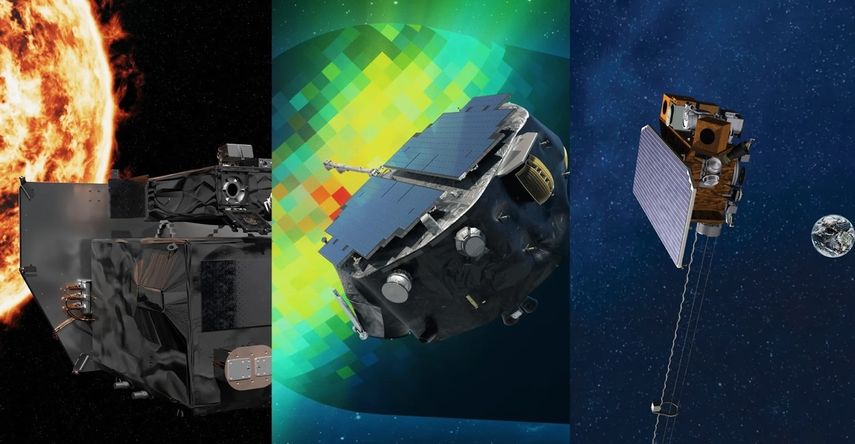 De izquierda a derecha, el Observatorio Geocorona Carruthers de la NASA, IMAP (Sonda de Aceleración y Mapeo Interestelar) y el Observatorio de Clima Espacial de Seguimiento en Lagrange 1 (SWFO-L1) de la Administración Nacional Oceánica y Atmosférica (NOAA).&nbsp; &nbsp; &nbsp;
