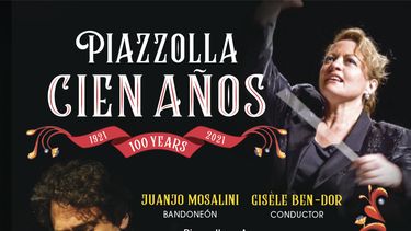 En esta imagen difundida por Centaur Records, la portada del álbum Cien Años de la directora uruguaya Gisèle Ben-Dor y el bandoneonista argentino Juanjo Mosalini. El álbum, que se lanza el jueves 5 de agosto de 2021, celebra el centenario de Astor Piazzolla.