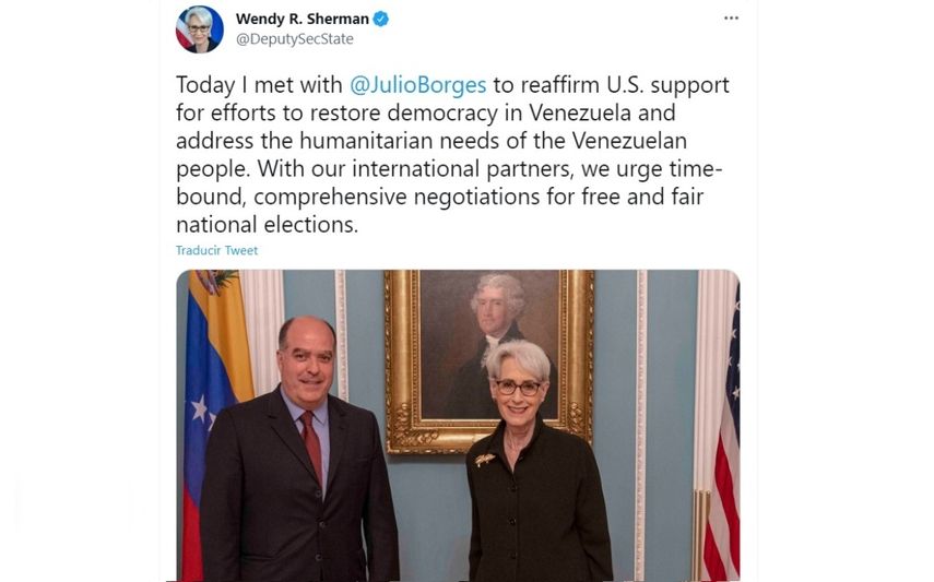 Sherman y Julio Borges enfatizaron la urgente necesidad de negociaciones integrales y con plazos concretos en Venezuela, dijo el portavoz del Departamento de Estado, Ned Price.