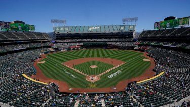 Algunos aficionados presentes observan el compromiso entre los Astros y los Atléticos en el Coliseo de Oakland, el 9 de julio de 2022.