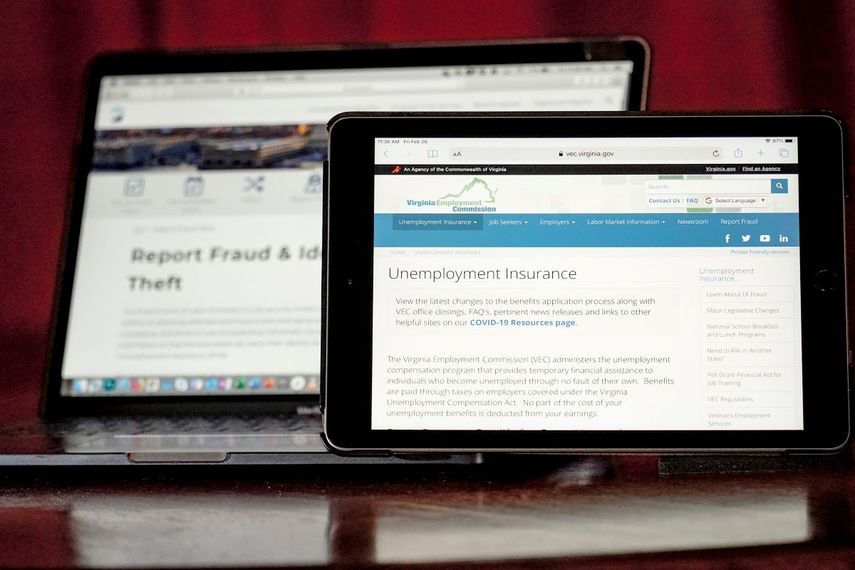 Las páginas web utilizadas para mostrar información para cobrar el seguro de desempleo en Virginia, a la derecha, y para denunciar el fraude y el robo de identidad en Pensilvania, se muestran en las respectivas páginas web estatales.