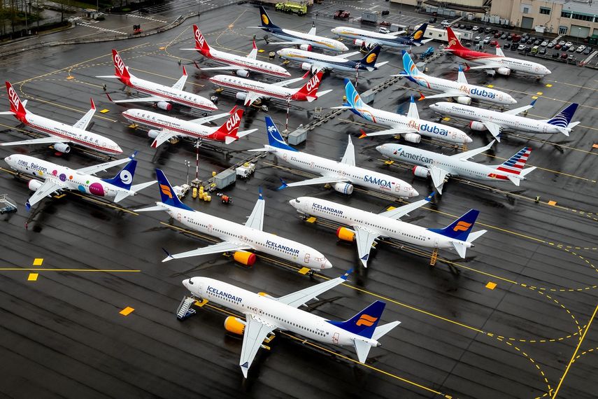Vista de una flota de aviones 737 MAX varados en Seattle, EEUU.