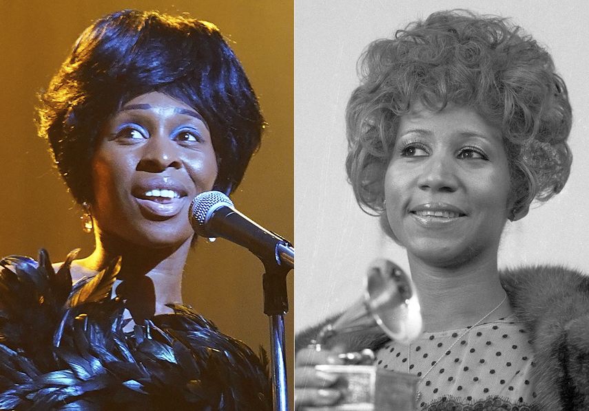 En esta combinación de fotografías Cynthia Erivo interpreta a Aretha Franklin en la miniserie de National Geographic Genius: Aretha, izquierda y Aretha Franklin con su premio Grammy Award a mejor interpretación R&B por la canción Bridge Over Troubled Waters en Nueva York el 13 de marzo de 1972.