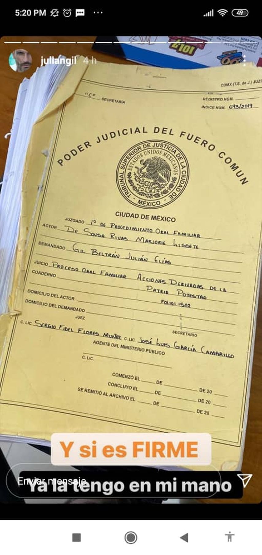Sentencia que muestra Julián Gil sobre la patria potestad de su hijo Matías Gregorio.&nbsp;