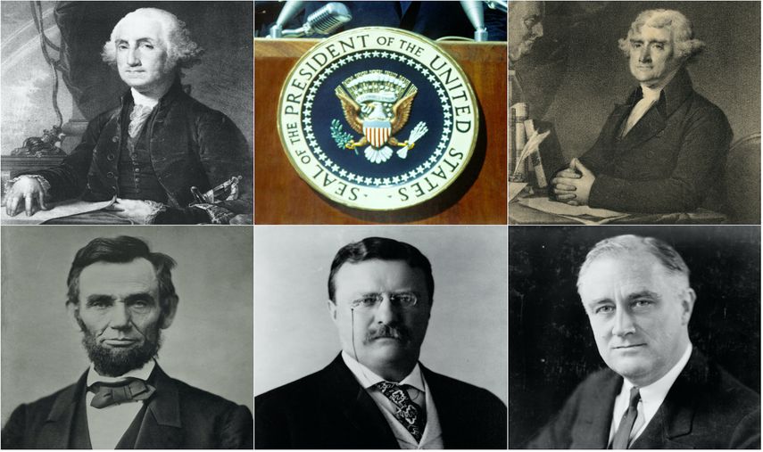 Algunos de los presidentes que cambiaron el rostro de Estados Unidos. De izquierda a derecha, y de arriba a abajo, George Washington, Thomas Jefferson, Abraham Lincoln, Theodore Roosevelt y Franklin D. Roosevelt.&nbsp;