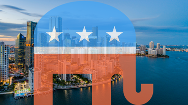 Vista aérea de Miami y logo del Partido Republicano.
