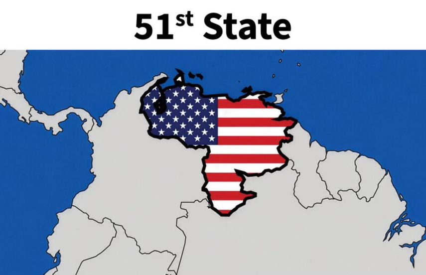 Captura de una publicación del presidente de Estados Unidos, Donald Trump, en redes sociales, con un mapa del norte de Sudamérica en el que aparece Venezuela coloreado con la bandera estadounidense y bajo el lema 51º estado