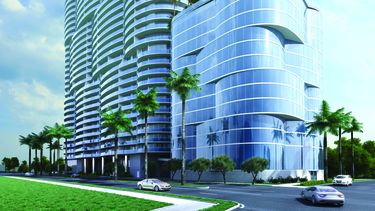 La lujosa Torre, diseñada por Arquitectónica, de Bernardo Fort Brescia, se levanta hasta 53 pisos de altura y alberga 648 apartamentos. 