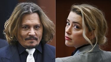 En esta combinación de fotografías los actores Johnny Depp, izquierda, y Amber Heard en una corte durante el juicio de la demanda por difamación presentada por Depp contra Heard en el circuito del condado de Fairfax el 12 de abril de 2022 en Fairfax, Virginia.