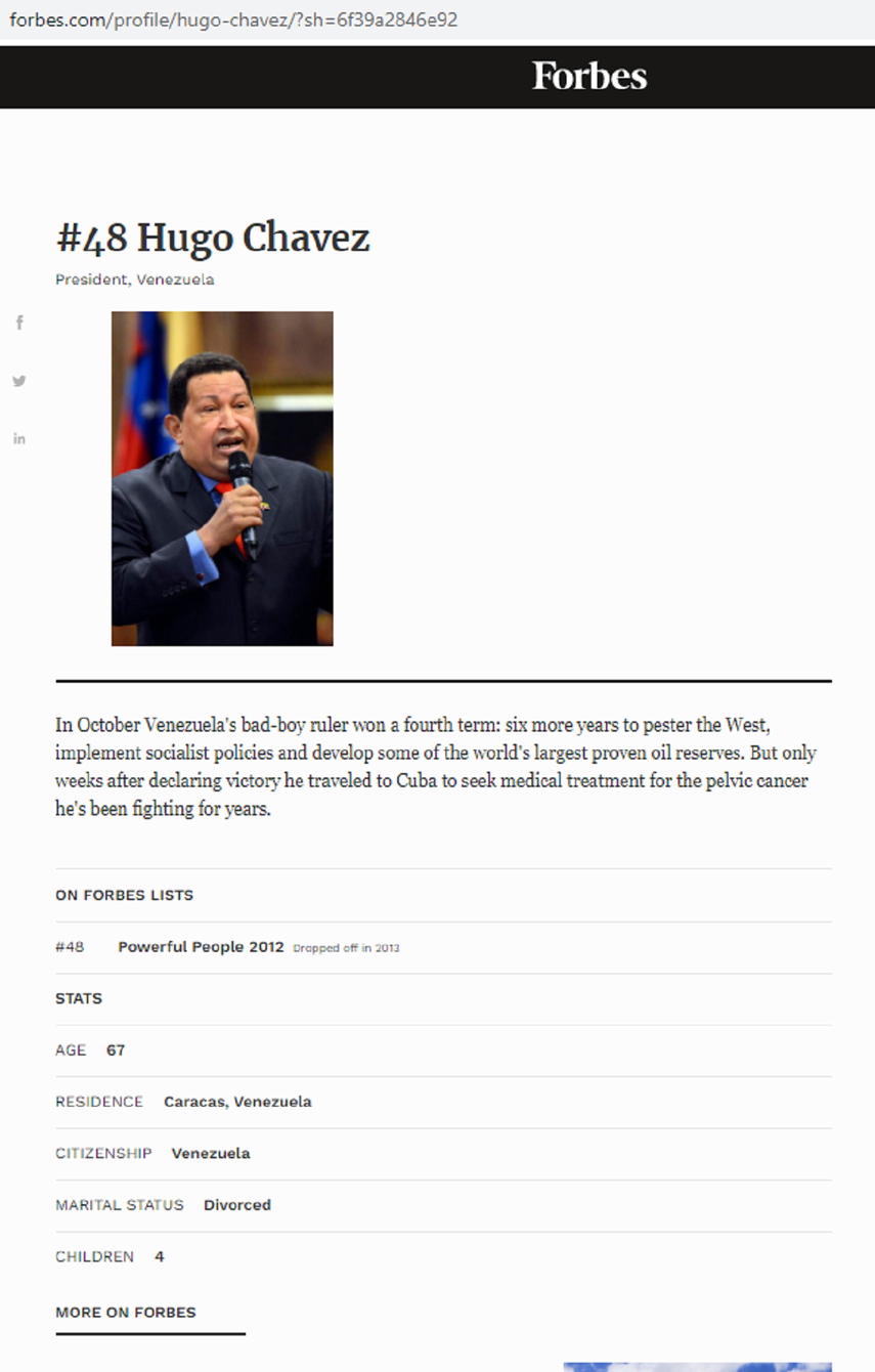 En 2012 la revista Forbes ubicó a Chávez entre las personas más influyentes del mundo. En la imagen aparece esta leyenda. En octubre, el gobernante chico malo de Venezuela ganó un cuarto mandato: seis años más para molestar a Occidente, implementar políticas socialistas y desarrollar algunas de las mayores reservas probadas de petróleo del mundo. Pero solo unas semanas después de declarar la victoria, viajó a Cuba para buscar tratamiento médico para el cáncer pélvico que ha estado luchando durante años.