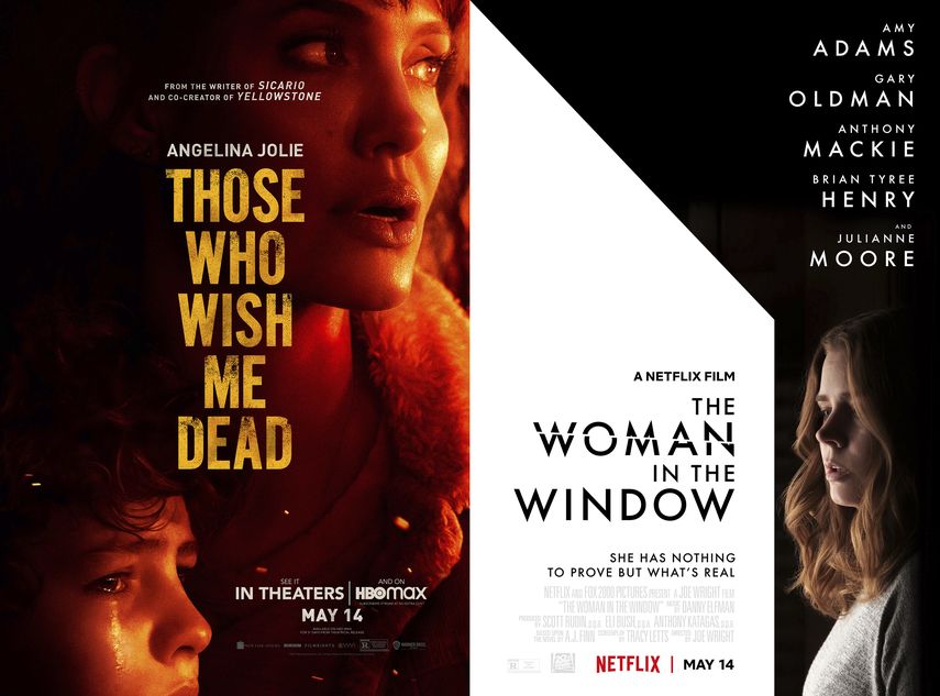 En esta combinación de fotos, el arte promocionar de las películas Those Who Wish Me Dead, que se estrena el viernes en HBO Max, y The Woman in the Window, que debuta el viernes en Netflix.&nbsp;