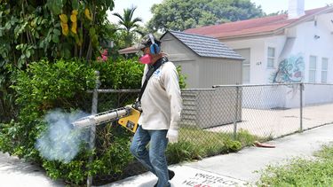 Un técnico en fumigación realiza su faena en una calle de Miami.
