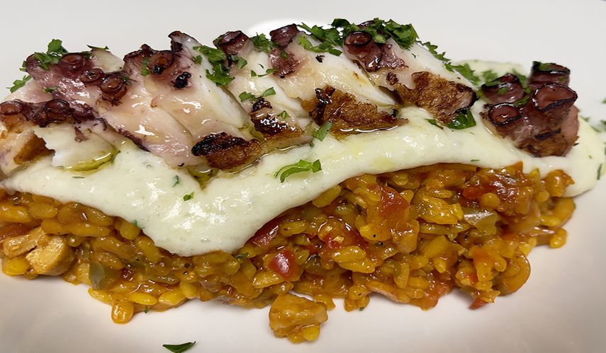 Arroz cremoso con parmetier de patata y pulpo.