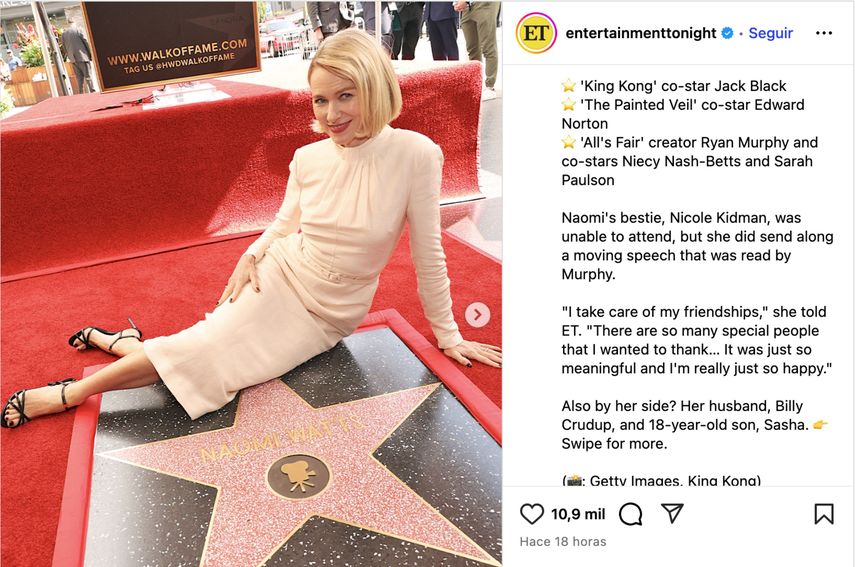Naomi Watts recibe estrella en el Paseo de la Fama de Hollywood en una ceremonia celebrada el lunes 13 de octubre.
