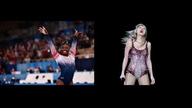 En este collage de imágenes: La estadounidense Simone Biles luego de completar su rutina en la final de viga de equilibrio femenina de gimnasia artística de los Juegos Olímpicos de Tokio 2020. Taylor Swift durante un concierto de su gira Eras en el Estadio Monumental de Buenos Aires, Argentina.
