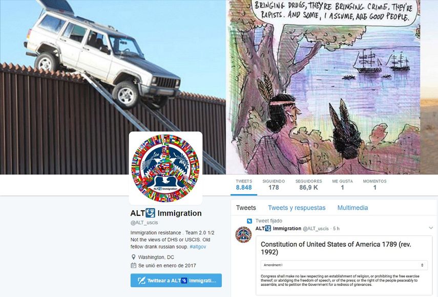 Captura de pantalla de la cuenta de Twitter&nbsp;@ALT_uscis, en base a la cual la red social presentó una demanda al Gobierno de EEUU.