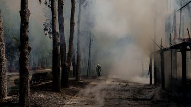 Un bombero trabaja en la extinción de un incendio tras un bombardeo ruso en un parque en Járkiv, Ucrania, martes 3 de mayo de 2022.